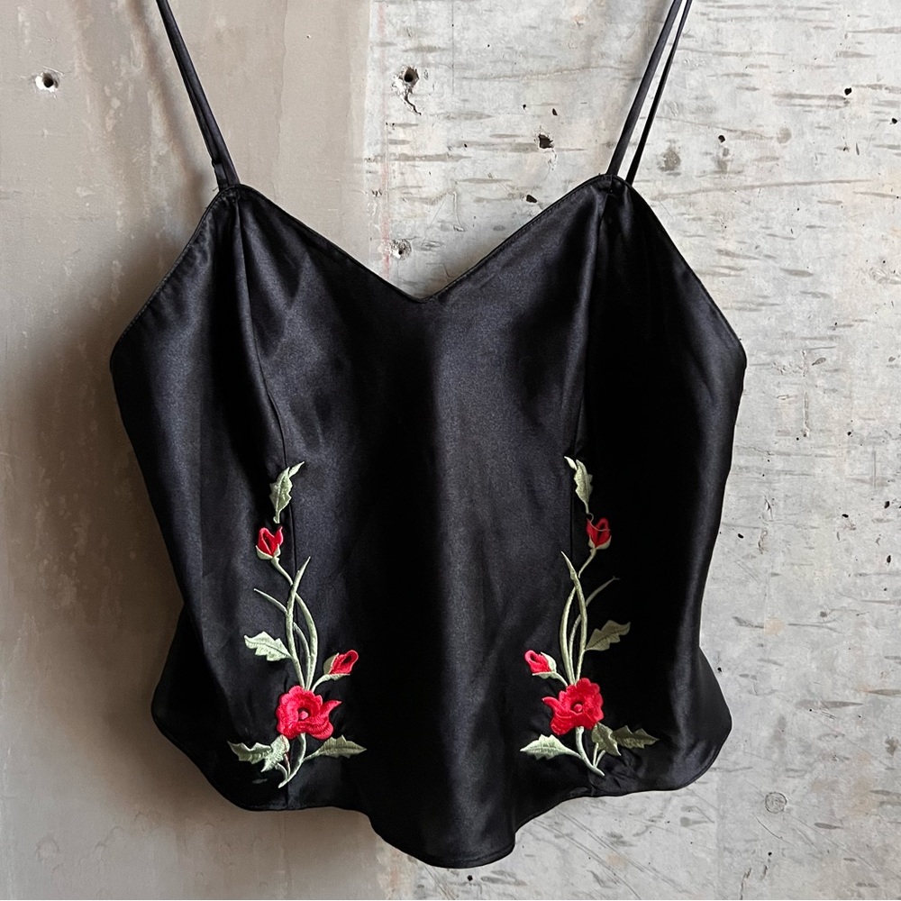 Vintage Black Satin Floral Embroidered Top